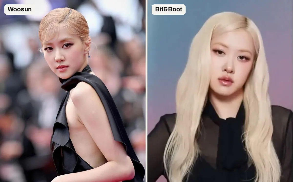 Rosé in two looks side by side: left by Woosun's Lee Myungsun, right by Bit&Boot