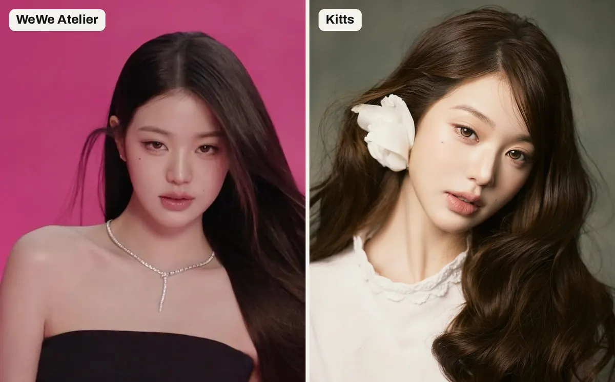 Wonyoung in two looks side by side: left by WeWe Atelier, right by Kitts