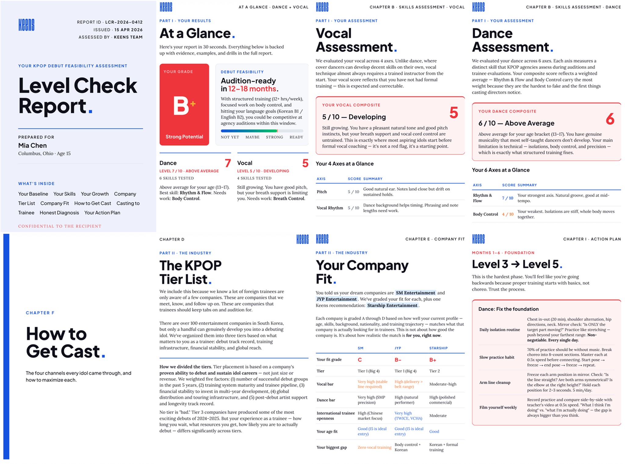 Sample Level Check report — multi-spread layout showing results overview, company fit analysis, and action plan sections